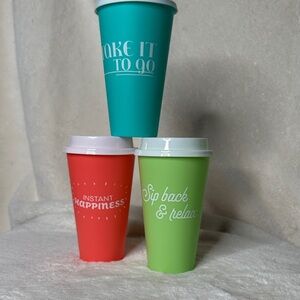 Set of 3 Cups 16 ounce & 3 Lids Colorful Reusable Travel Mugs Teal Orange Green